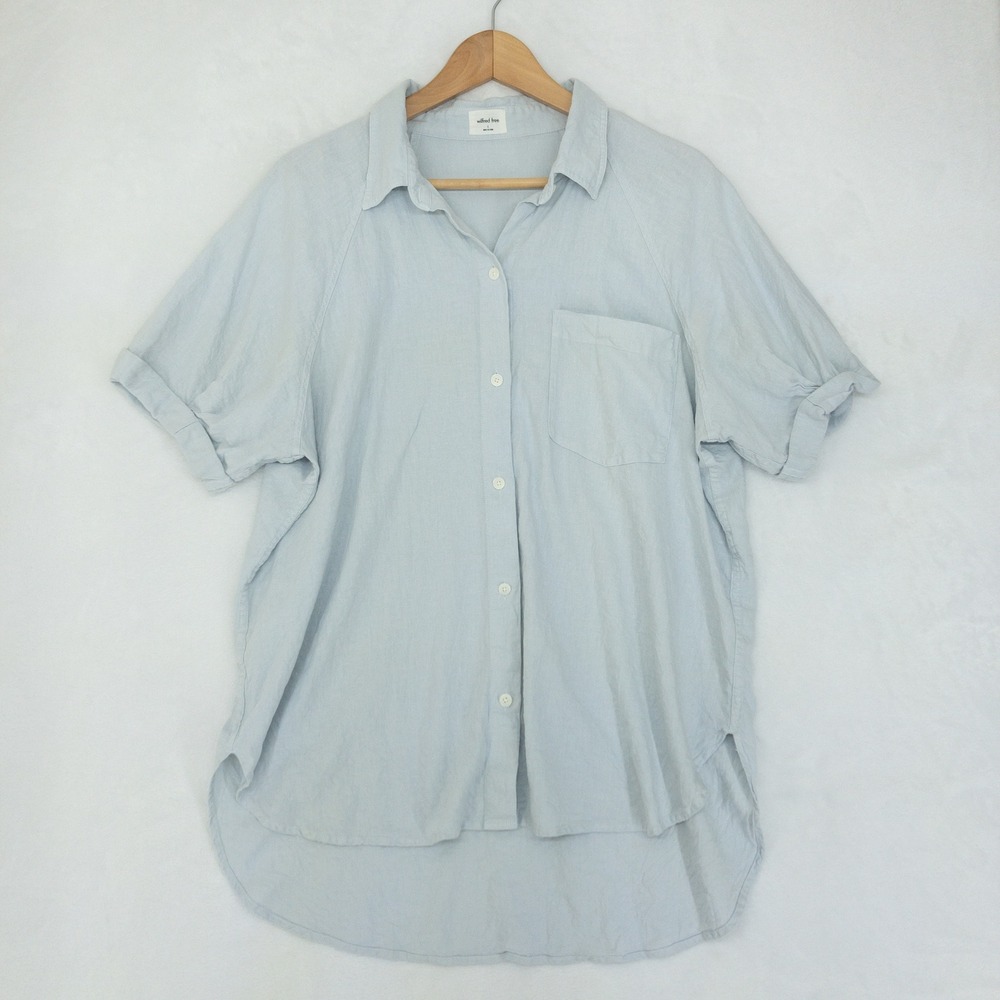 Wilfred Free Button Up Shirt Womens Large Blue Linen Blend Relaxed Short Sleeve‎